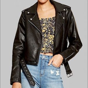 Target Wild Fable Women's Black Belted Faux Leather Moto Jacket Size LG